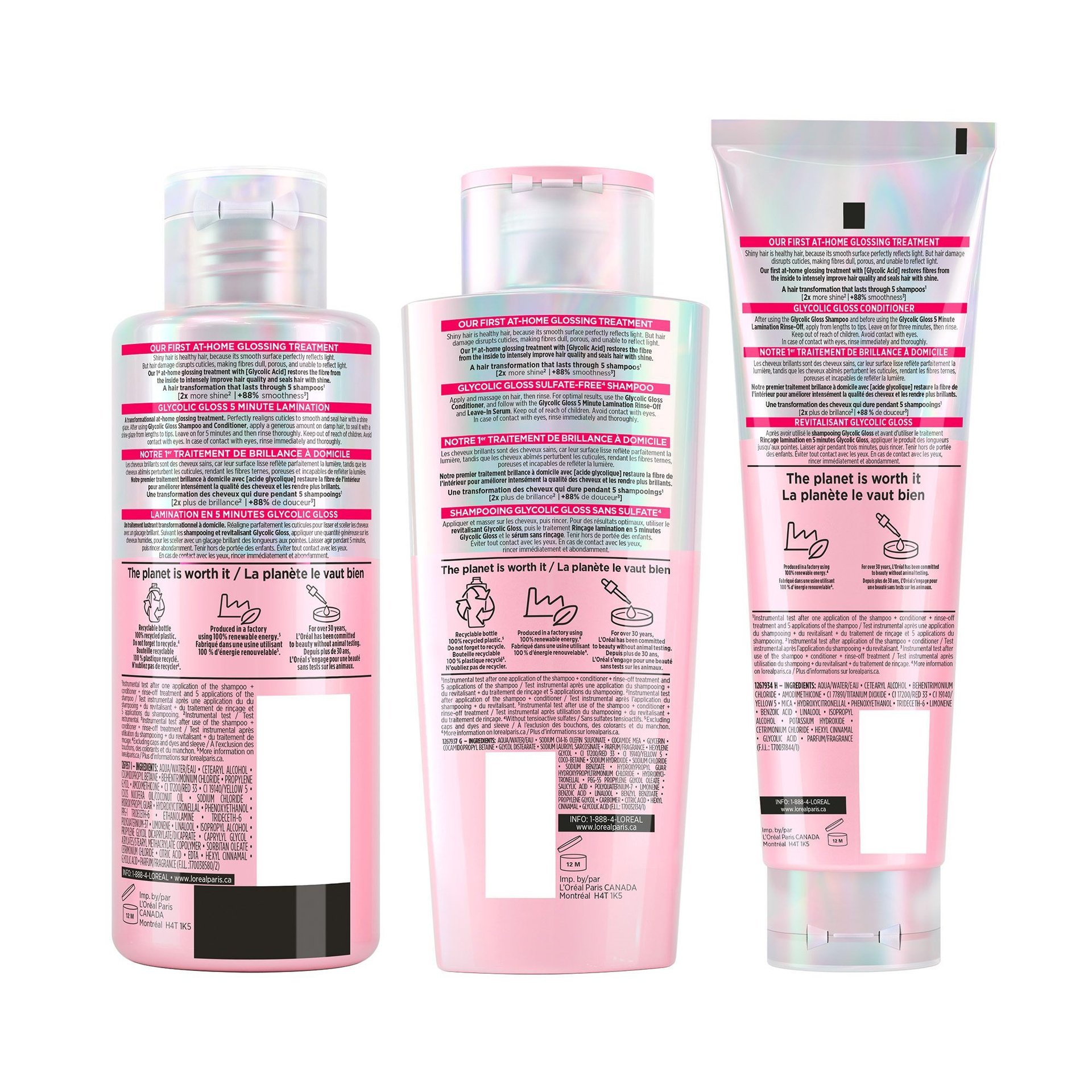L'Oréal Paris Hair Expertise Glycolic Gloss Shine Trio Set, Back of Packaging
